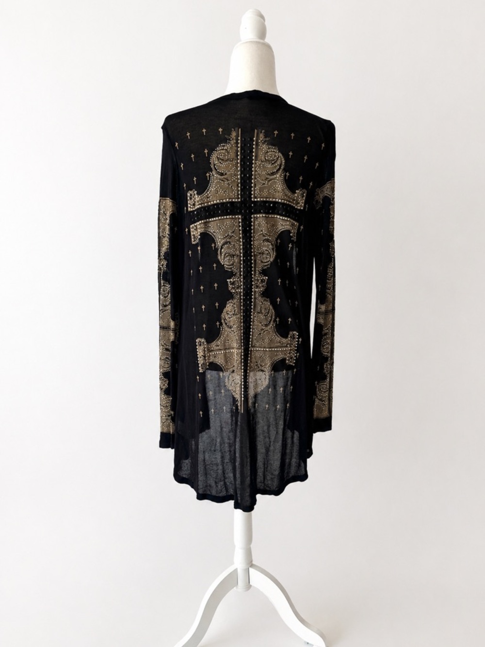 Vocal Black Sheer Embellished Cross Cardigan | Studded Gothic Boho Duster